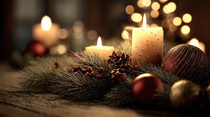 Cozy Christmas Arrangement with Candles, Pine, and Decorative Ornaments Creating a Warm Holiday Ambiance for Celebrations and Festive Gatherings