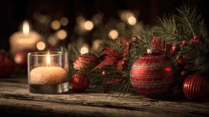 Elegant Christmas Candle and Ornament Display with Seasonal Greenery, Warm Glow of Festive Lights, and a Rustic Wooden Table Setting for Holiday Celebrations