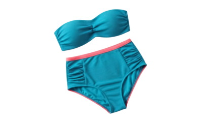 Isolated aqua-colored bandeau bikini and high-waisted bottoms swimsuit on a plain backdrop