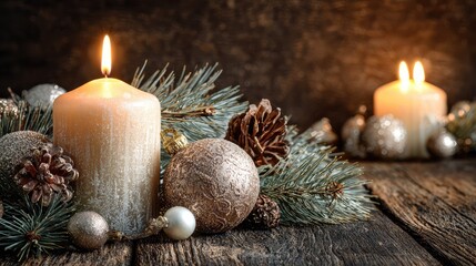 Elegant Christmas Decor with Candles, Ornaments, and Pine Cones Creating a Warm and Inviting Atmosphere for Holiday Celebrations and Festive Gatherings