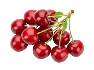 Isolated heap of ripe red cherries with green leaves on the stems; fresh fruit concept