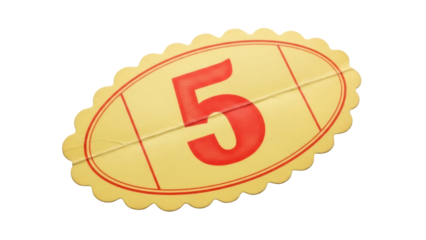 Isolated retro oval shape with number 5, vintage badge with yellow background, old design