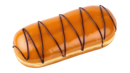 Isolated caramel eclair with chocolate zig zag dessert, sweet glazed pastry on no background