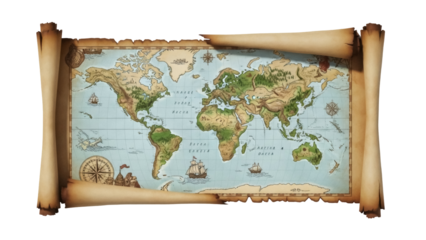 Isolated antique world map scroll with vintage parchment, a treasure map for exploration
