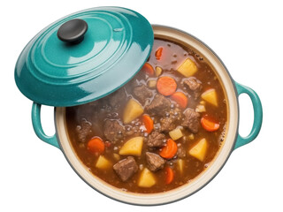 Isolated stew with beef, potatoes, and carrots in a blue casserole pot with lid, close-up