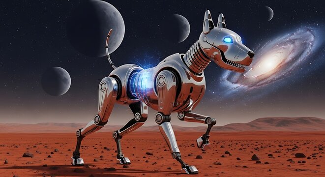 Futuristic Robotic Dog Exploring an Alien Planet with Galactic Energy.