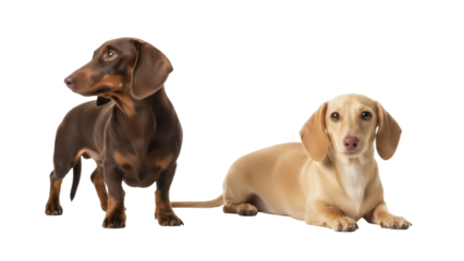 Isolated dachshunds on seamless backdrop one standing and one lying down looking at camera
