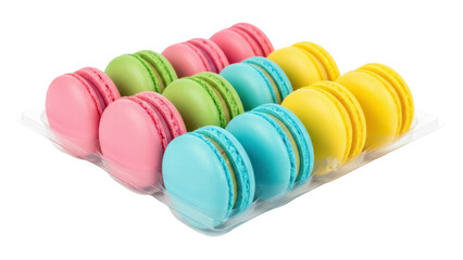 Isolated macarons in a clear plastic container, assortment of pastel-colored cookies snack