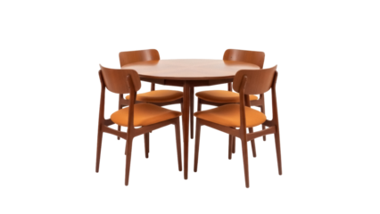 Isolated Mid-century Dining Set with Round Table and Four Chairs, Brown Frame Furniture