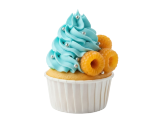 Isolated cupcake with turquoise icing, silver sprinkles, and yellow raspberries decoration