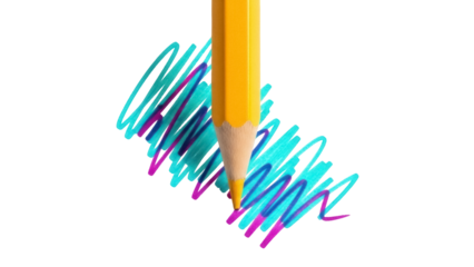 Isolated yellow colored pencil scribbling and drawing blue and purple color lines on paper