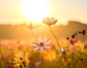 Field of white, pink, and purple cosmos flowers at sunset with soft focus background
