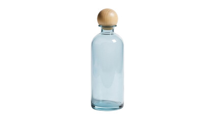 Isolated transparent bottle with light blue hue and wooden stopper. Empty decanter object