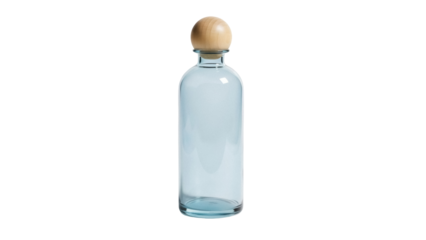 Isolated transparent bottle with light blue hue and wooden stopper. Empty decanter object