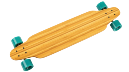 Isolated Wooden longboard with green wheels for skating or cruising on the asphalt road