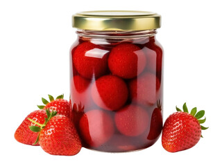 Isolated jar of strawberries, preserved whole fruits in sweet juice, fresh, summer, treat
