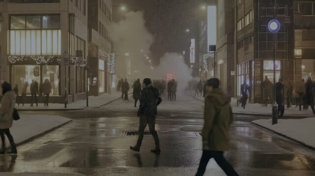 Busy urban street scene unfolds at night with heavy snow falling and warm holiday storefront lights glowing
