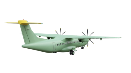 Isolated light green turboprop passenger plane is standing still on a field, outdoors