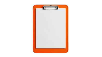 Isolated orange clipboard with blank white paper and metal clip ready for notes or forms
