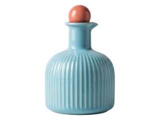 Isolated teal bottle with ridges and a peach-colored spherical stopper on a clean backdrop