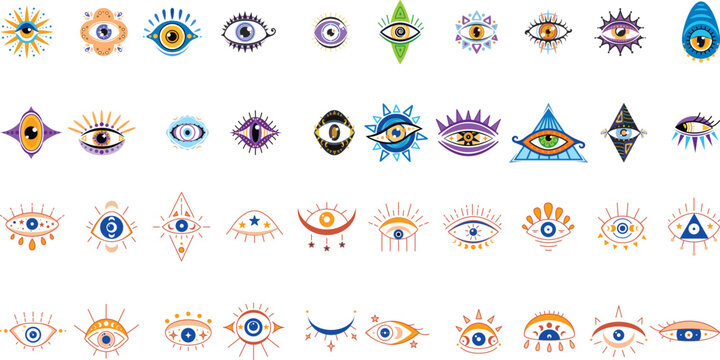 Mystic Evil Eyes Icons Set, Esoteric Protection Talisman and Magic Occult Vector Collection