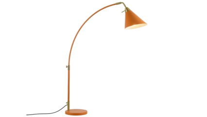 Isolated orange floor lamp, modern mid century style, with a curved neck and a cone shade