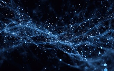 Abstract blue network of connected lines and glowing dots floating against a dark background