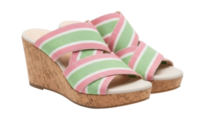 Isolated wedge heel sandals with pink and green stripes for summer fashion footwear needs