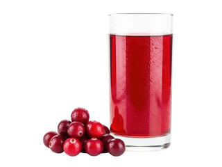 Isolated tall glass of refreshing red cranberry juice drink with pile of cranberries