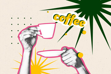 Vertical banner trendy photo collage of hand hold saucer cup morning beverage drink wake up aroma...