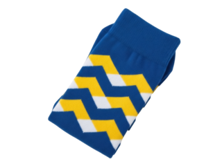 Isolated cotton socks with zig zag pattern in blue, yellow and white, folded and smooth