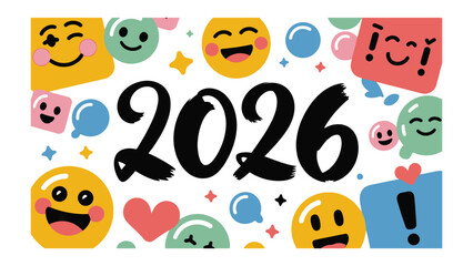 Emoji-Filled 2026 : The vibrant and cheerful image features a playful composition, the bold numerals '2026' are set amidst a sea of colorful emojis.
