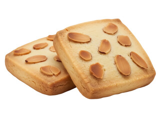 Isolated almond cookies, shortbread square shape, golden brown baked dough with slivered nuts on top