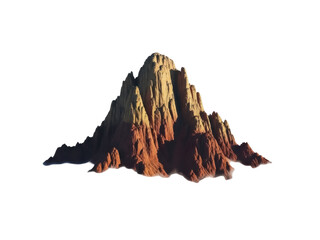 Isolated mountain peak with geological layers, rugged rock formation, desert landscape element