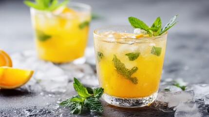 Fototapeta premium Two glasses of refreshing citrus cocktail with mint and ice. Sweet and sour summer drink for party or celebration. Cold beverage.