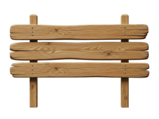 Isolated weathered wooden signboard, rustic wooden sign, three wooden planks secured to posts