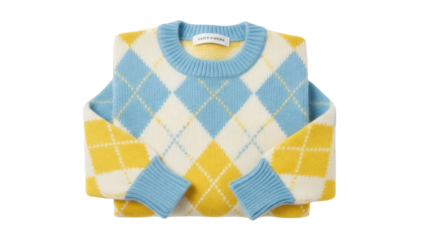 Isolated Argyle Sweater in Blue, Yellow, and Cream, a Stylish and Timeless Knitted Fashion Piece