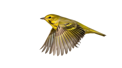 Isolated yellow warbler flying in a dynamic pose as it takes off to soar into blue skies