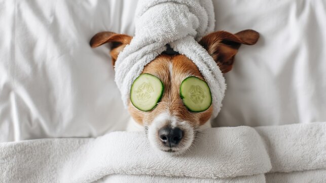 Dog relaxing with cucumber slices over eyes. Pet spa day concept. Cute puppy enjoying a wellness treatment in white towel.
