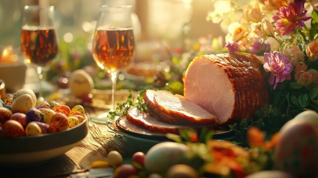 Delicious Easter dinner with glazed ham, sliced and served on a rustic wooden table surrounded by colorful painted eggs and spring flowers for holiday celebration.