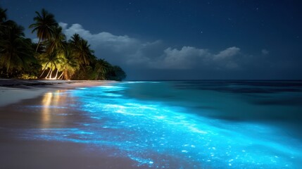 Naklejka premium Bioluminescent ocean waves glowing blue on white sand beach at night. Magical natural phenomenon for travel and vacation dream concept.