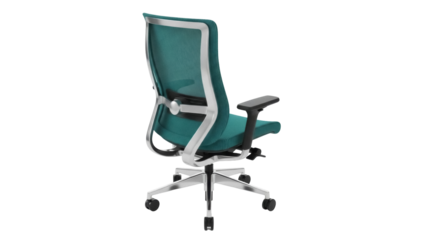 Isolated office chair in teal fabric on rolling base, ergonomic workplace seating concept
