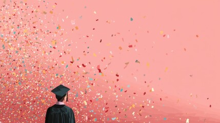 Graduate student celebrating with confetti. Education and academic achievement concept. Party and graduation day celebration for card.