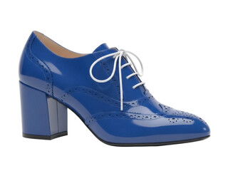 Isolated shiny blue patent leather wingtip shoe with laces, woman's fancy fashion footwear