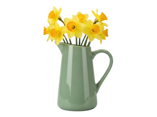 Isolated daffodils in a green pitcher, spring yellow flowers, floral arrangement, cheerful