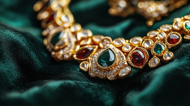 Elegant gold necklace with colorful gemstone and diamond details on luxurious emerald green velvet for jewelry advertisement. - Powered by Adobe