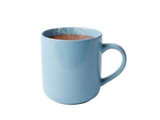 Isolated view of blue mug filled with brown liquid beverage in natural light studio shot