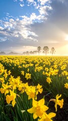 Field of yellow daffodils stretch towards a bright sunrise beneath a cloudy sky