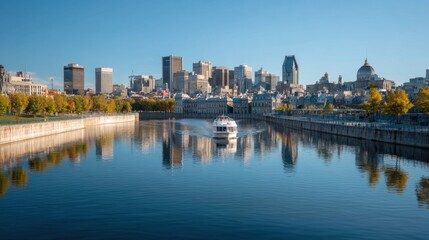Scenic view of city skyline with boat sailing on river. Urban landscape with skyscraper buildings reflected in water for travel and tourism concept.