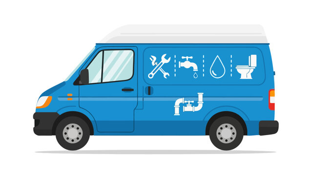 Blue service van with plumbing icons and white roof